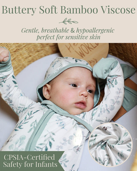 Baby wearing a green and white outfit with text about bamboo viscose fabric