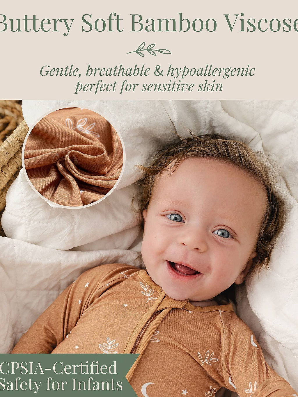 Baby wearing a brown Buttery Soft Bamboo Viscose outfit with text about its properties.