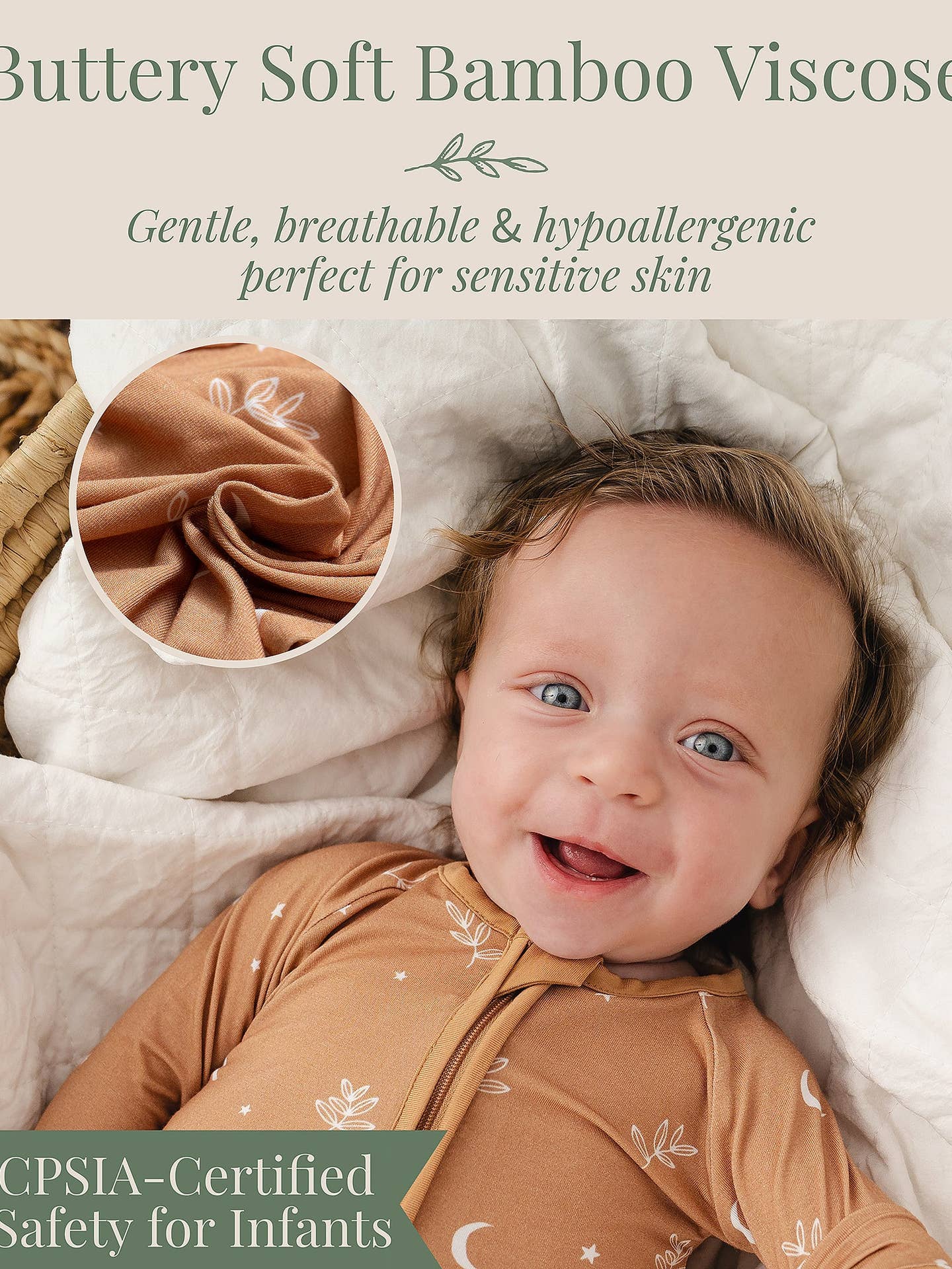 Baby wearing a brown Buttery Soft Bamboo Viscose outfit with text about its properties.