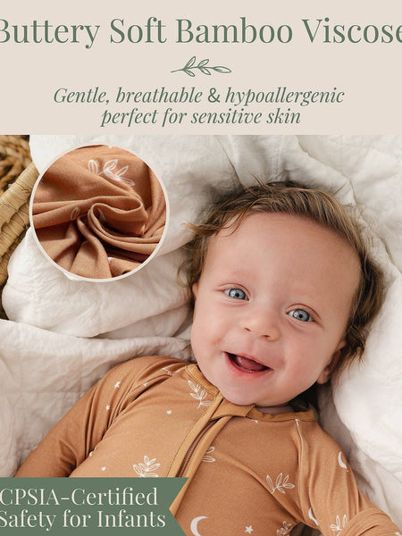 Baby wearing a brown Buttery Soft Bamboo Viscose outfit with text about its properties.