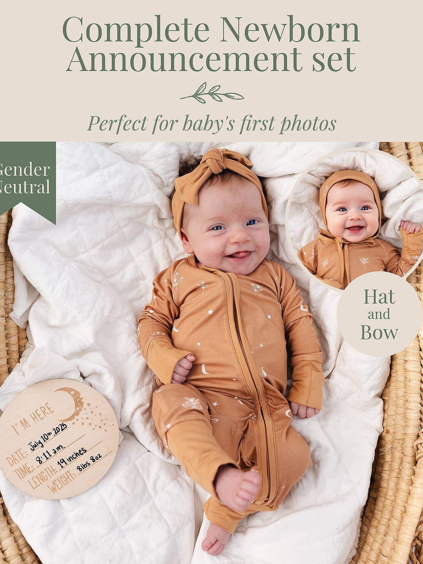 Newborn baby in a brown outfit with a hat and bow, surrounded by promotional text for a newborn announcement set.