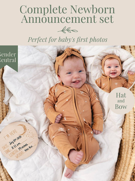 Newborn baby in a brown outfit with a hat and bow, surrounded by promotional text for a newborn announcement set.