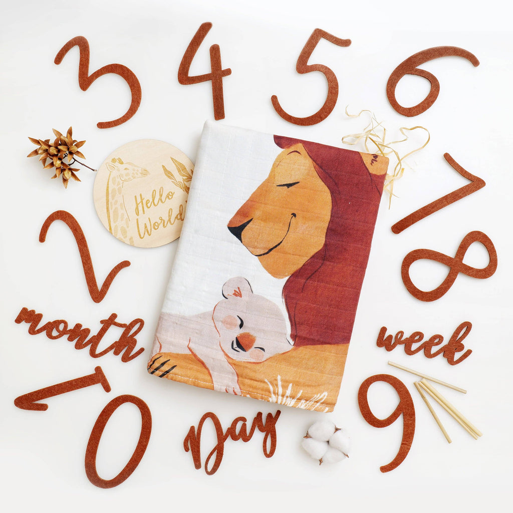 A baby keepsake towel featuring a printed illustration of a lion and cub, styled in a flat-lay with wooden number cutouts spelling out '2 month 10 day week 9 week' and a round wooden 'Hello World' tag on a white background.