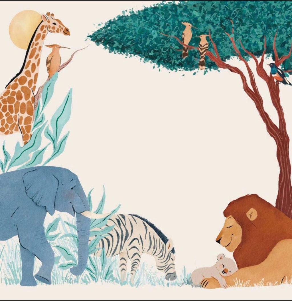 A whimsical safari illustration featuring a blue-gray elephant, a black-and-white zebra, a brown lion resting with a cub, a giraffe and baboon under a tree, and a sun on a light cream background.
