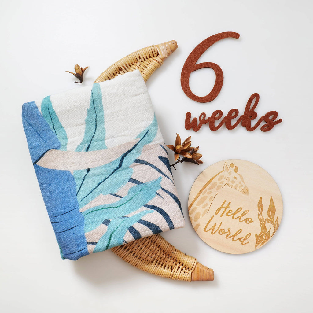 A folded baby blanket with a blue, teal, and white tropical leaf pattern is displayed on a woven wicker stand next to a wooden '6 weeks' sign and a round wooden 'Hello World' plaque on a clean white background.