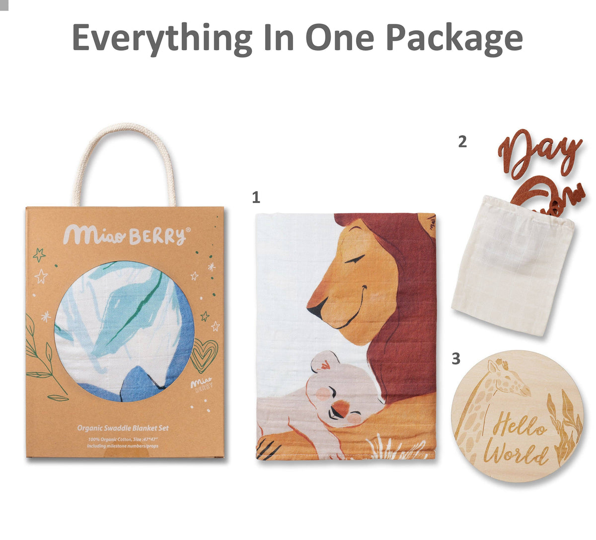 A product bundle titled 'Everything In One Package' on a white background, featuring a Miao BERRY branded organic cotton blanket set. The set includes a tan gift bag with a white handle, a printed cotton blanket showing a lion cub illustration, a small white fabric pouch, and a round wooden coaster with 'Hello World' text.