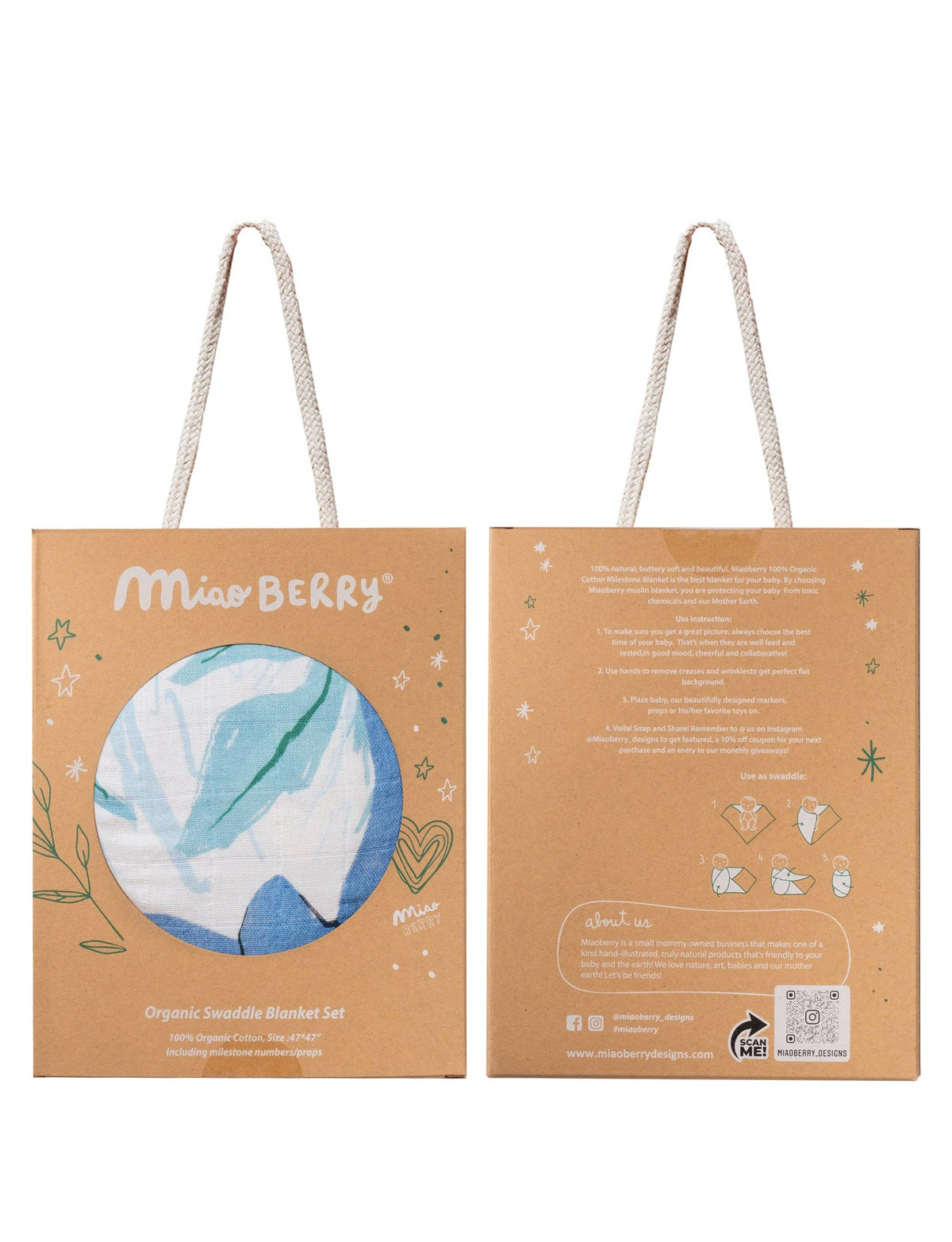 Two views of a Miao BERRY organic sensory blender set in a brown kraft paper gift bag with white rope handles, showing the front window view with a marble-patterned blue and white orb, and the back view with product details and illustrations.