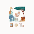 A baby photography backdrop featuring a safari animal scene with a giraffe, elephant, zebra, lion, acacia tree, and a baby lying on the ground. Below the backdrop are three product bundle items: a brown paper bag with a blue circular patch, a round beige tin labeled 'cute bundle', and a white cloth pouch with a brown bow and '12 weeks' text.