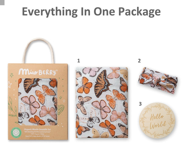 Baby product set with butterfly-patterned blanket, headband, and 'Hello World' coin on a white background.