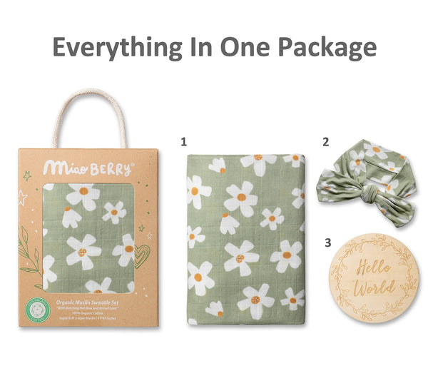 Baby product set with floral items and 'Miss Berry' packaging on a white background