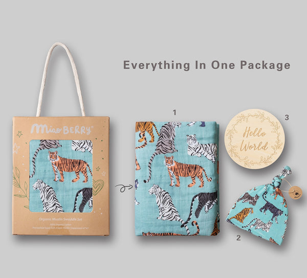 Baby product package with tiger-themed items on a gray background