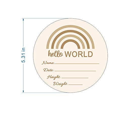 Round wooden plaque with 'hello WORLD' text and rainbow design, dimensions indicated.