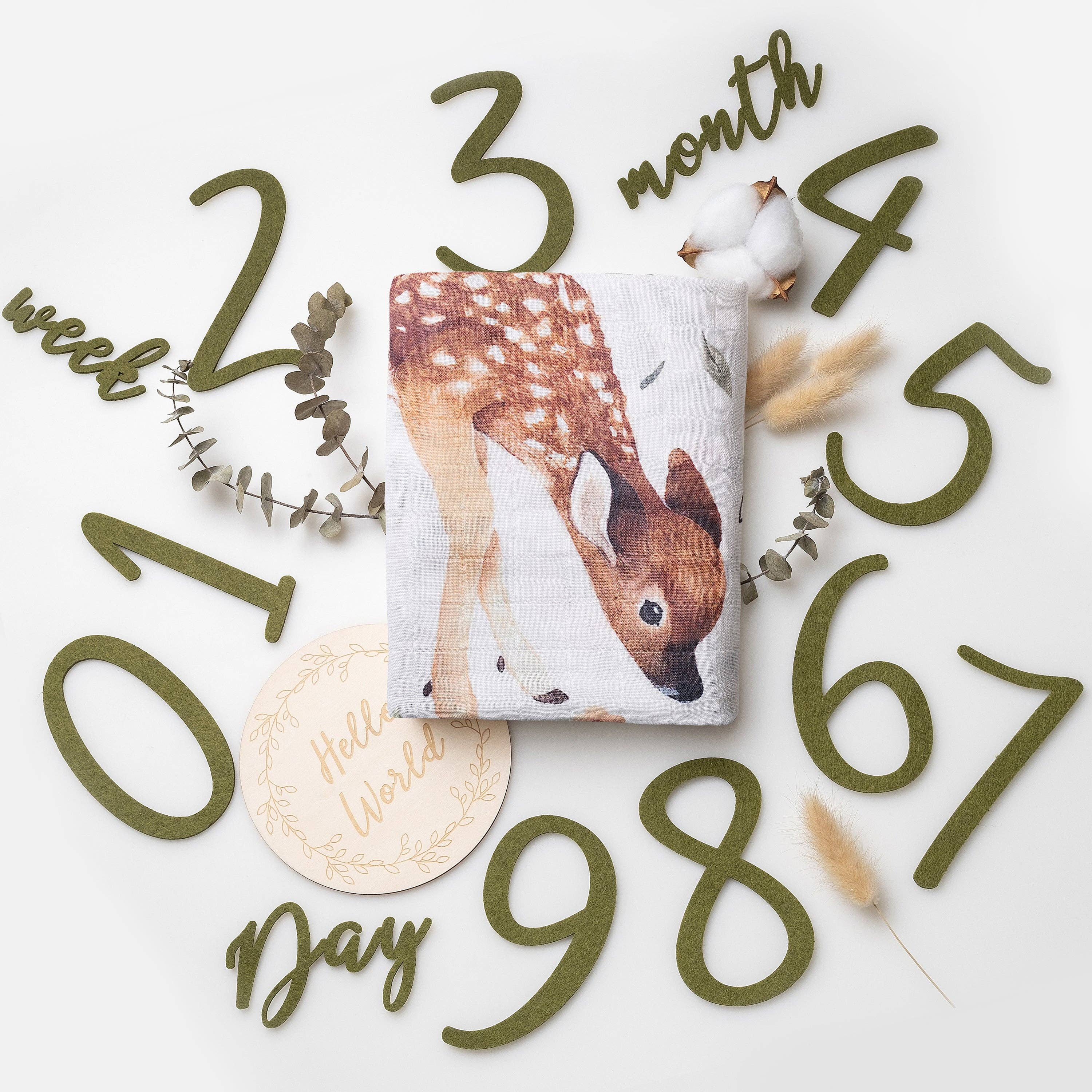 Baby milestone blanket with deer design surrounded by decorative numbers and phrases on a white background