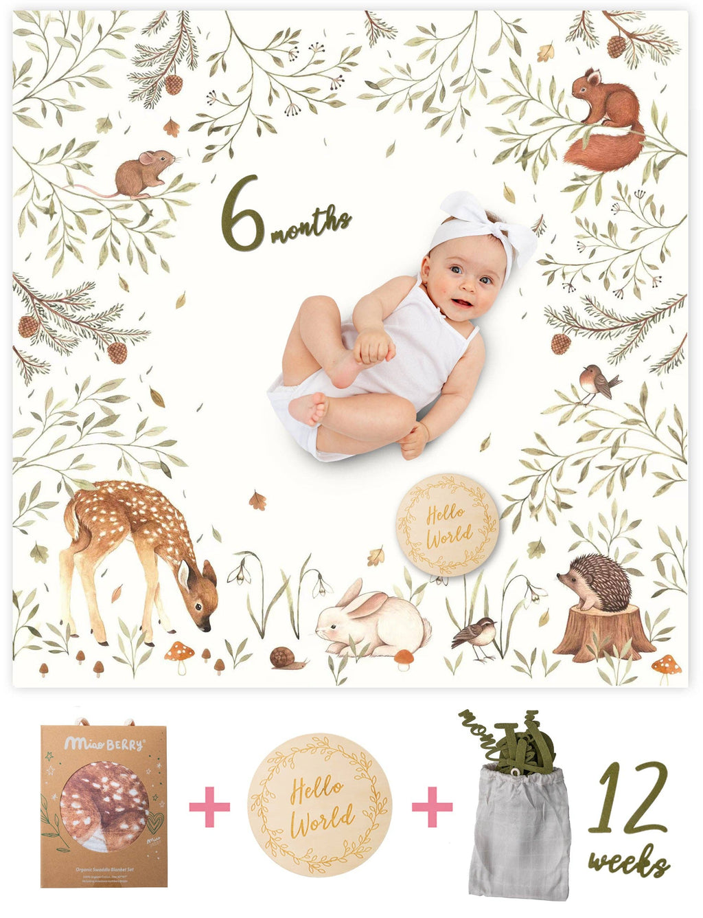 Baby milestone card with illustrations of a baby at 6 months and a forest theme, featuring animals and nature elements.