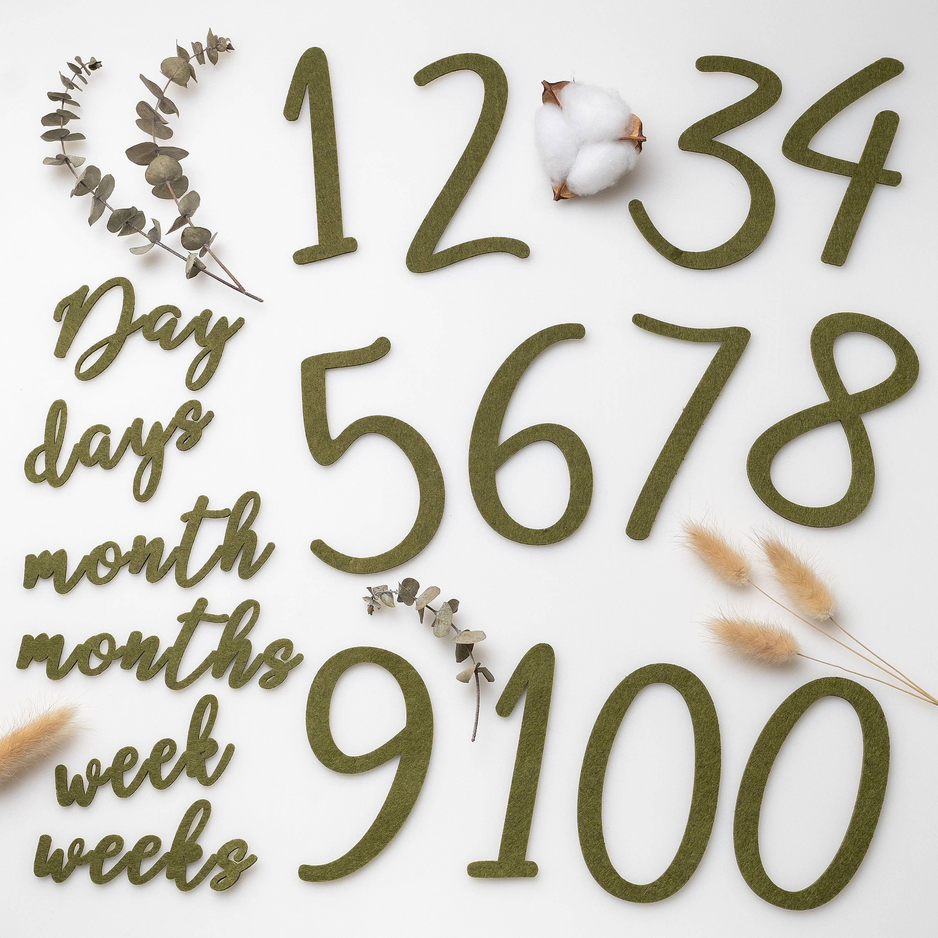 Green numbers and text on a white background with decorative elements.