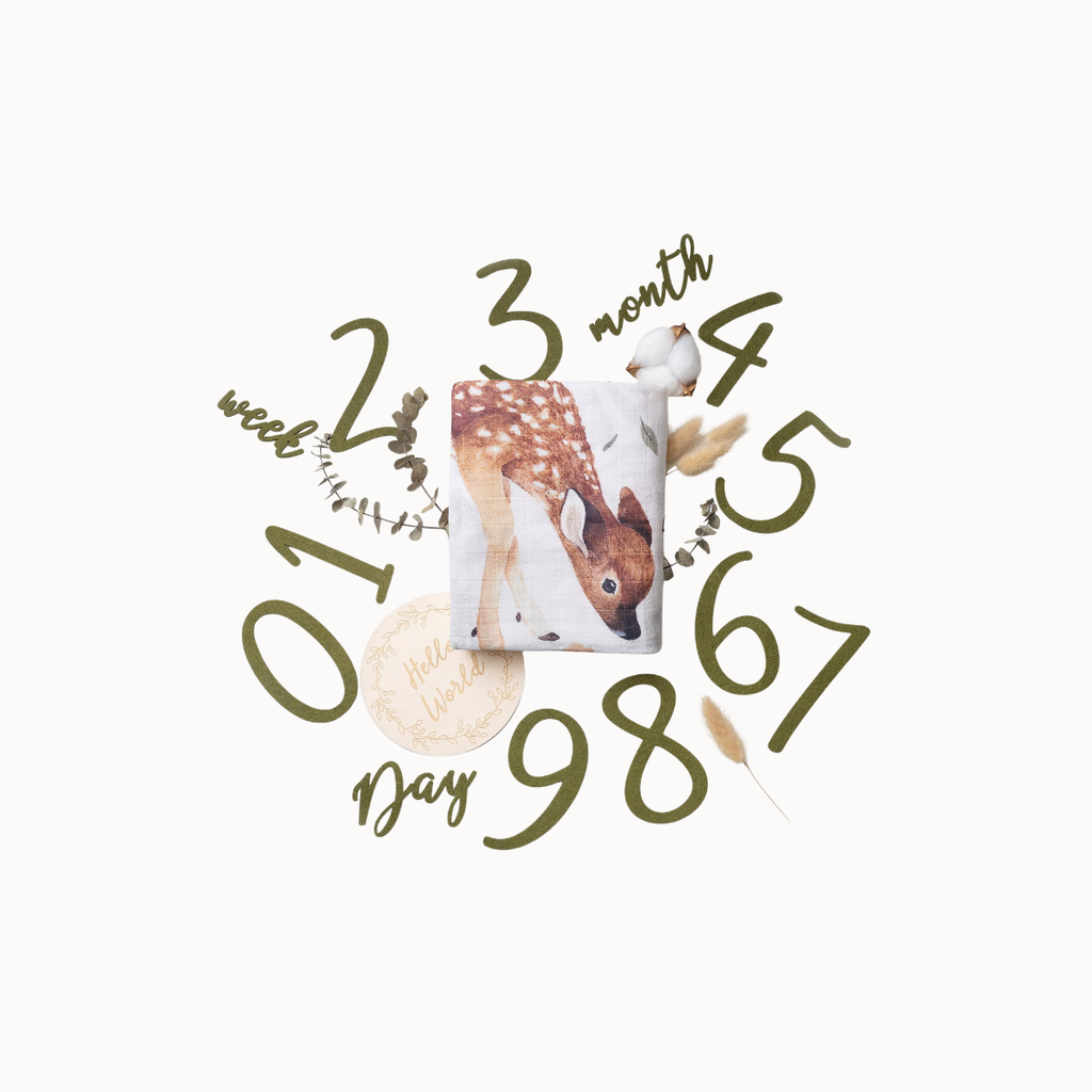 A square baby photo print styled as a milestone card, surrounded by olive green hand-drawn numbers from 1 to 98, with labels for week and day, a small white bird, and a fawn illustration on a cream background.