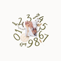 A square baby photo print styled as a milestone card, surrounded by olive green hand-drawn numbers from 1 to 98, with labels for week and day, a small white bird, and a fawn illustration on a cream background.