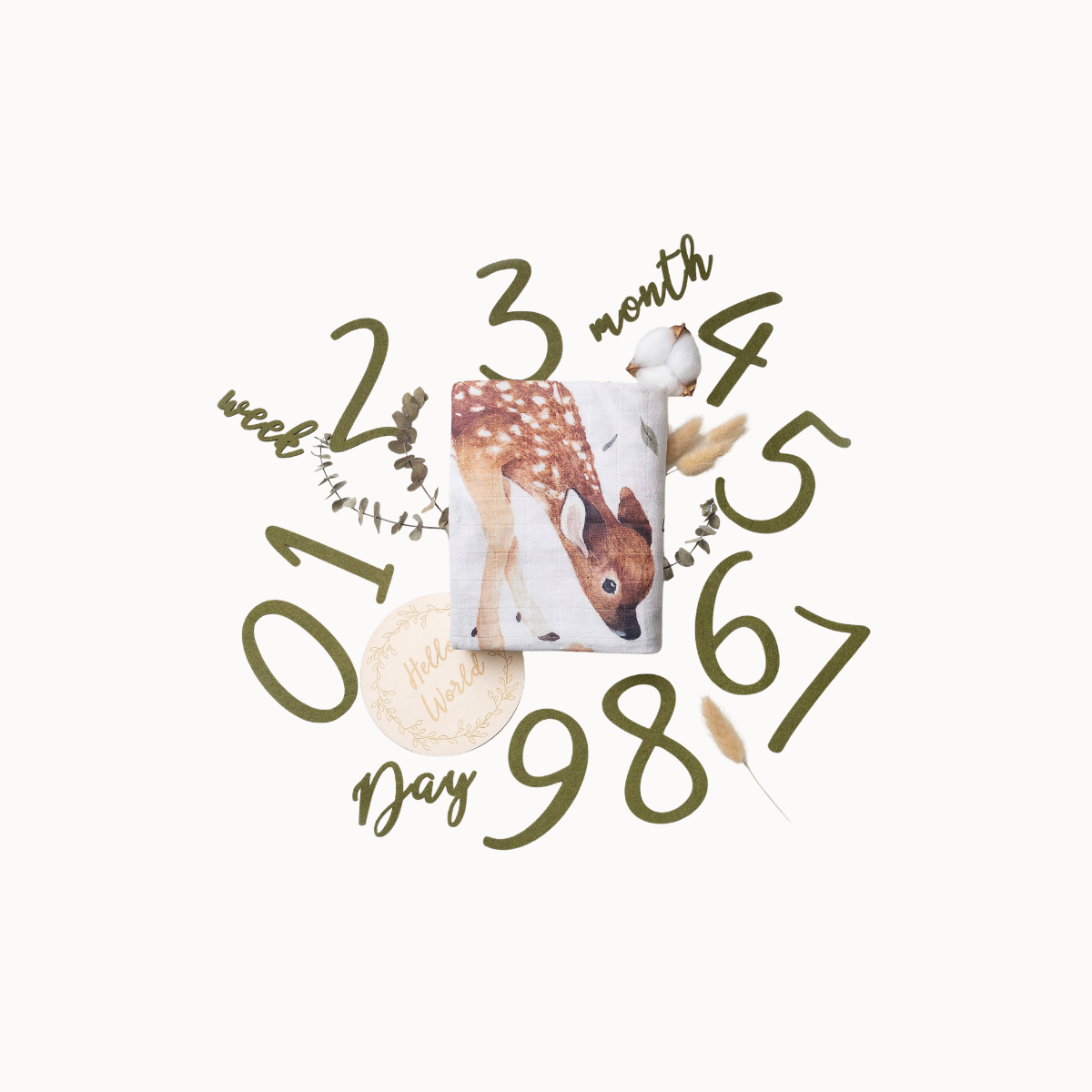 A square baby photo print styled as a milestone card, surrounded by olive green hand-drawn numbers from 1 to 98, with labels for week and day, a small white bird, and a fawn illustration on a cream background.