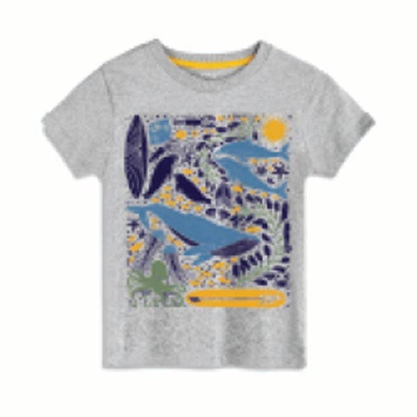 Gray t-shirt with blue whale design on a white background