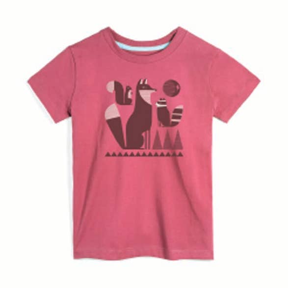 Pink t-shirt with a graphic design of a fox and trees on a white background