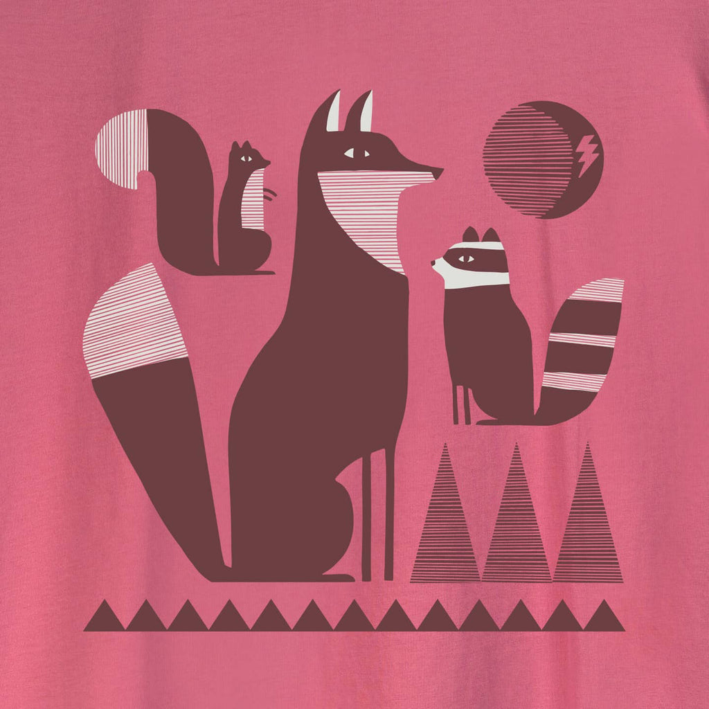 Illustration of a fox, squirrel, and raccoon on a pink background