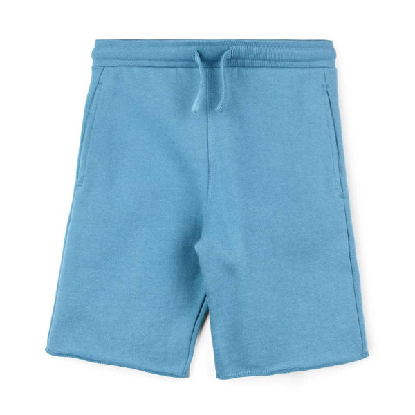 Blue shorts with a drawstring on a white background