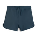 Navy blue shorts with a drawstring on a white background