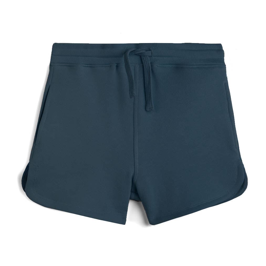 Navy blue shorts with a drawstring on a white background