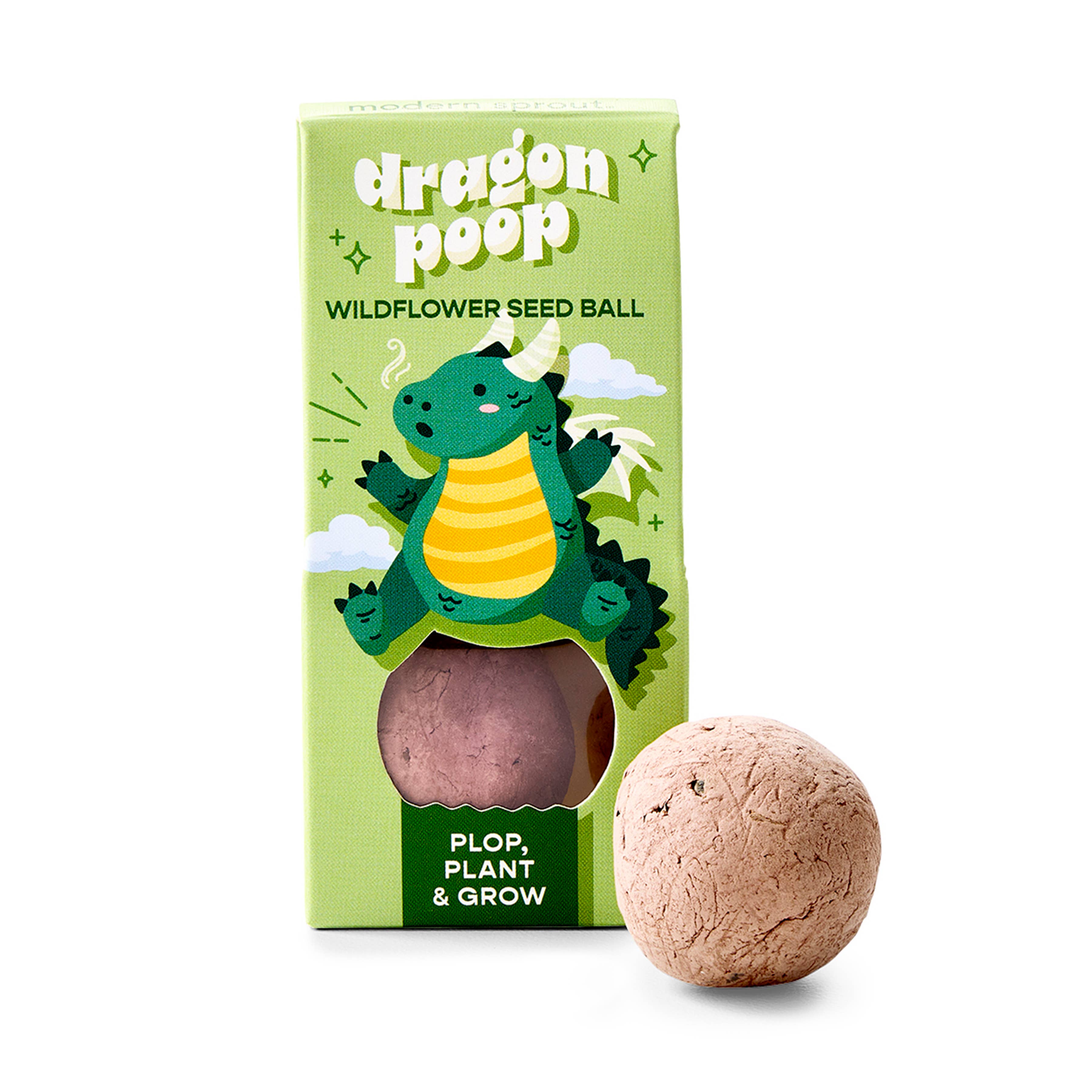 Dragon Poop wildflower seed ball packaging with a seed ball on a white background