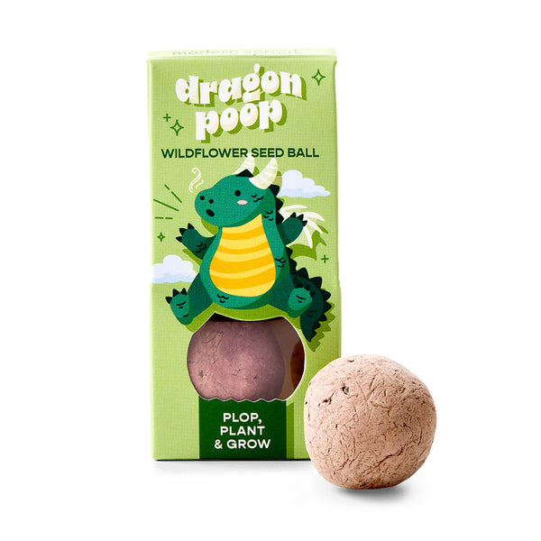 Dragon Poop wildflower seed ball packaging with a seed ball on a white background