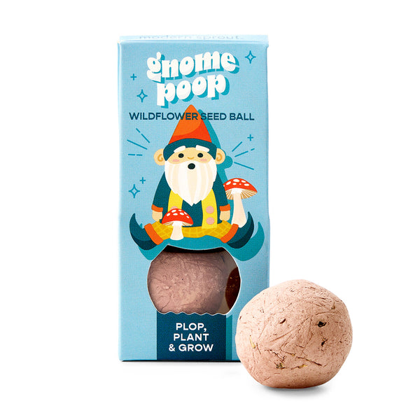 Gnome poop wildflower seed ball packaging with a cartoon gnome on a blue background