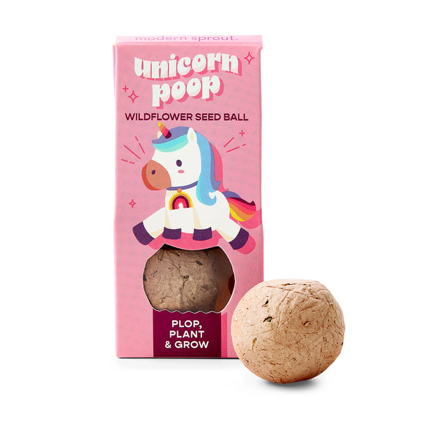 Pink packaging of a wildflower seed ball with a unicorn design, featuring the brand 'Modern Sprout'.