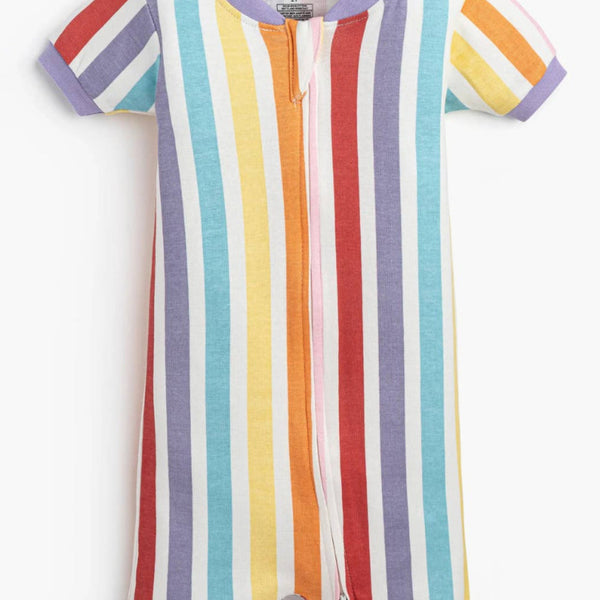 Multicolored striped baby romper on a white background