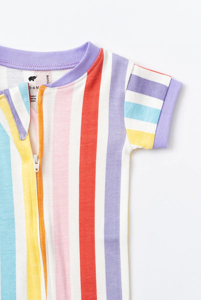 Close-up of a colorful striped baby romper with a zipper on a white background