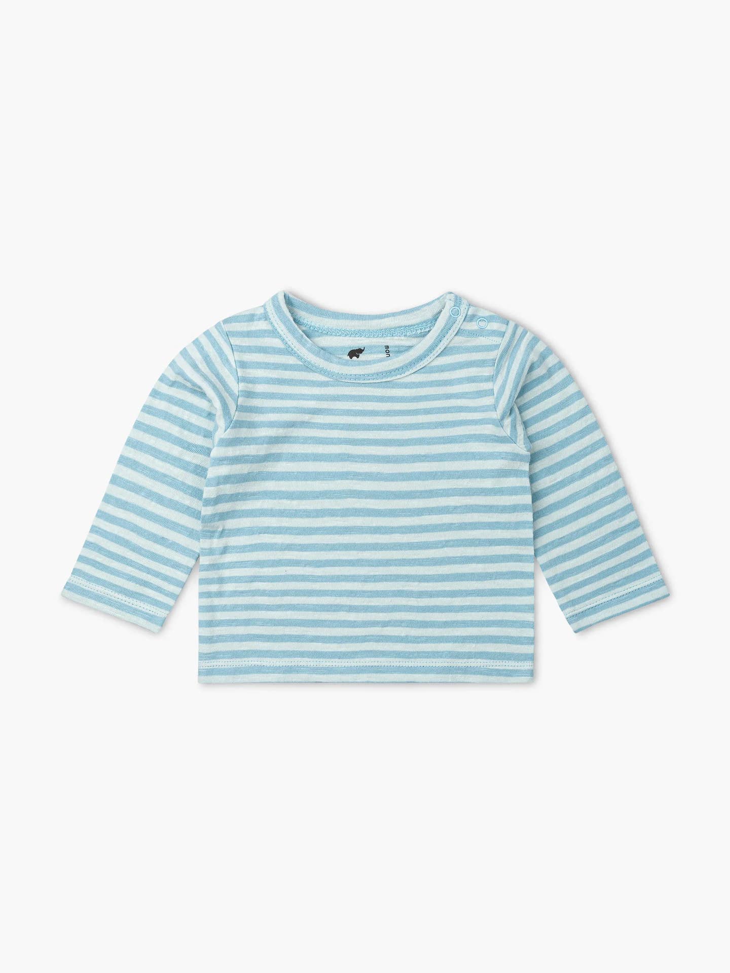 Blue and white striped long-sleeve shirt on a light beige background