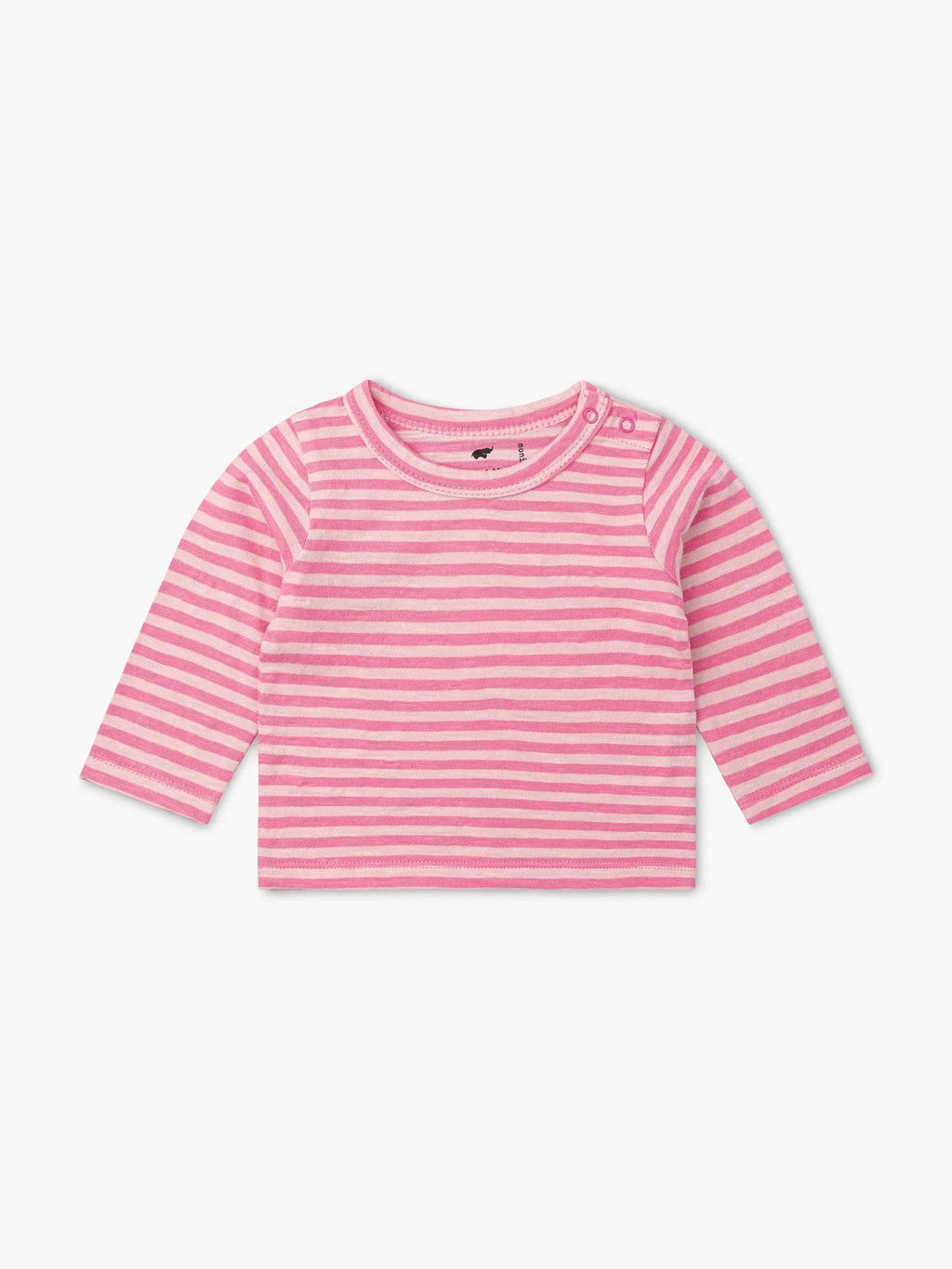 Pink and white striped long-sleeve shirt on a light gray background