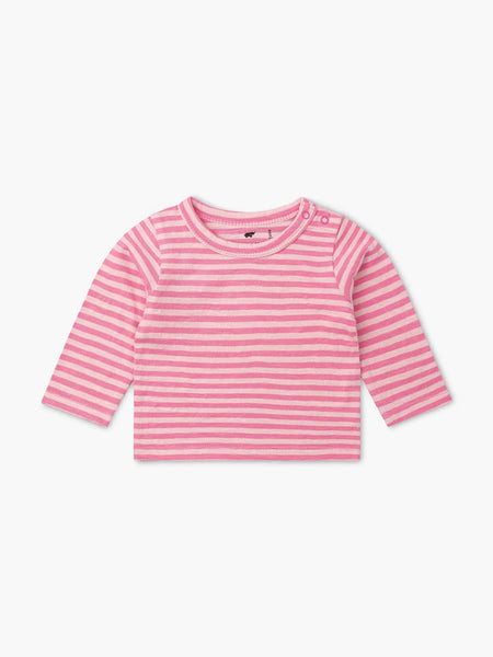 Pink and white striped long-sleeve shirt on a light gray background