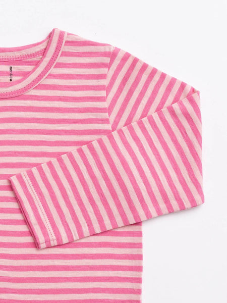 Pink and white striped long-sleeve shirt on a white background