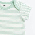 Mint green and white striped baby onesie on a white background