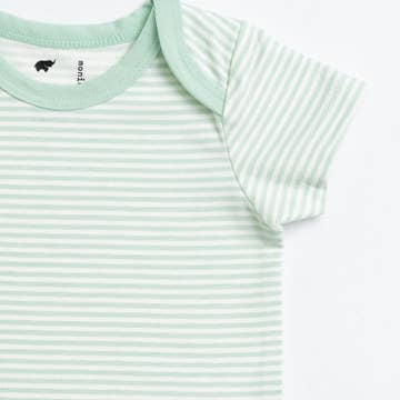 Mint green and white striped baby onesie on a white background
