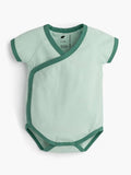Green baby bodysuit with green trim on a white background