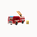 A wooden toy fire truck in red and white with a light wood arm, shown on a white background with small wooden firefighter figures in front.