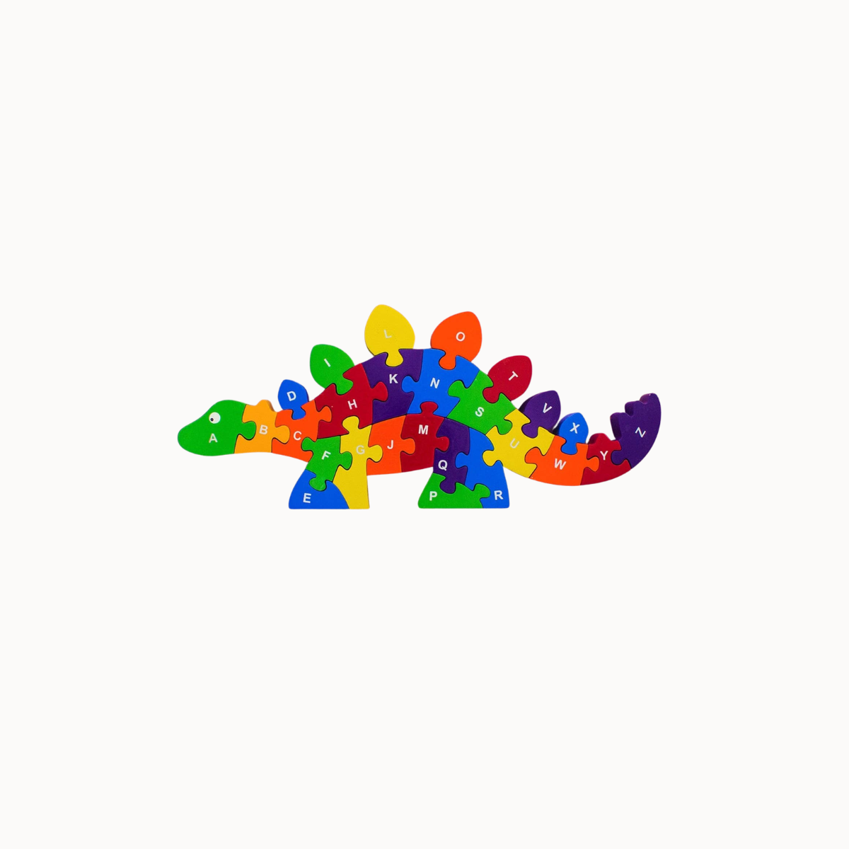 Rainbow colored wooden dinosaur puzzle on a white background