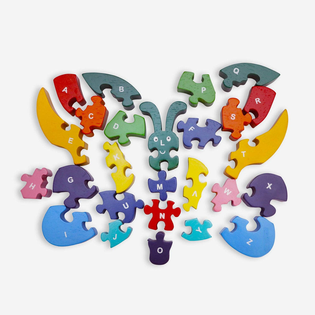 Rainbow colored wooden butterfly puzzle on a white background