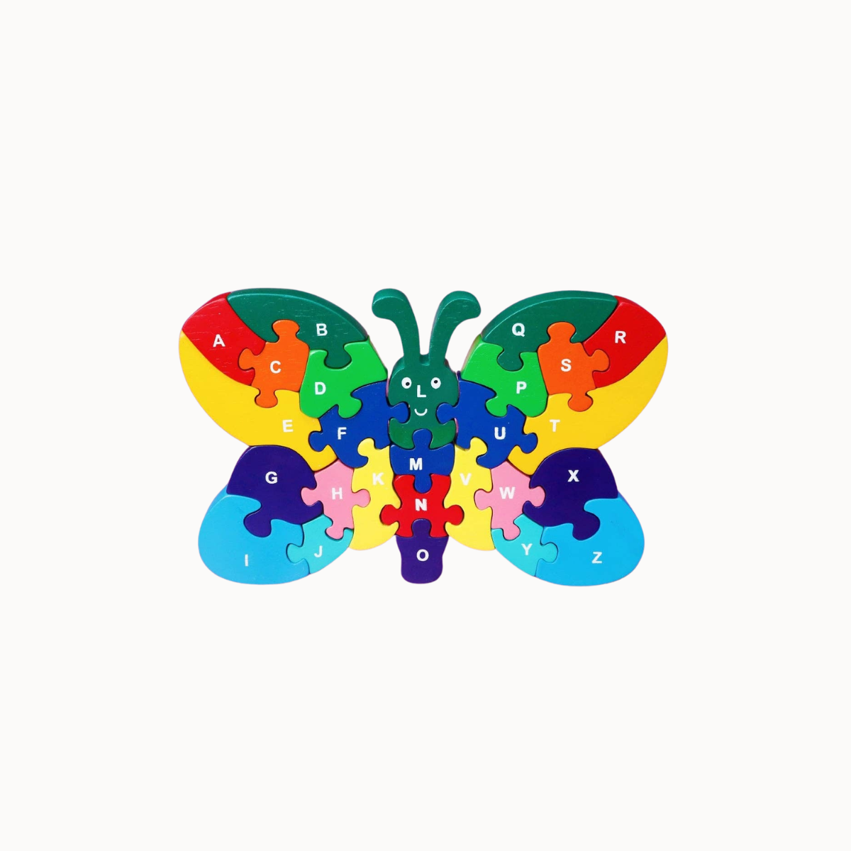 Rainbow colored wooden butterfly puzzle on a white background