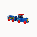 A colorful wooden toy train with a blue body, red wheels and roof, yellow front panel, and a passenger car attached, shown on a plain light gray background.