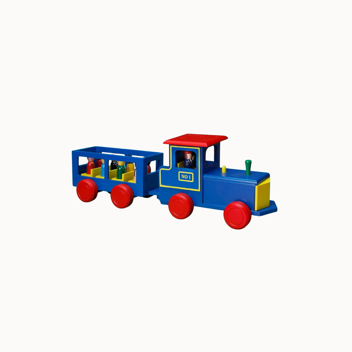 A colorful wooden toy train with a blue body, red wheels and roof, yellow front panel, and a passenger car attached, shown on a plain light gray background.
