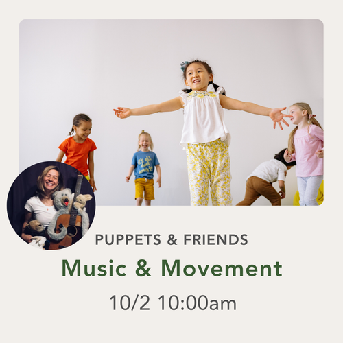 Promotional graphic for a 'Puppets & Friends Music & Movement Class' dated 10/2 at 10:00am. The top portion shows a group of children dancing and playing with a puppet on a light gray background.