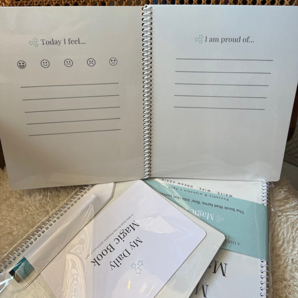 Notebook with text and symbols on a textured surface