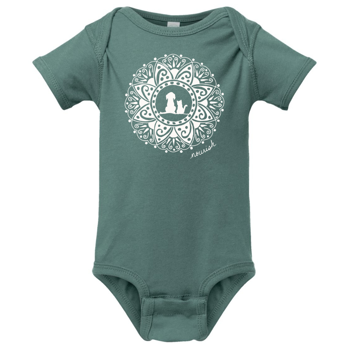 Green baby onesie with a white mandala design on a white background